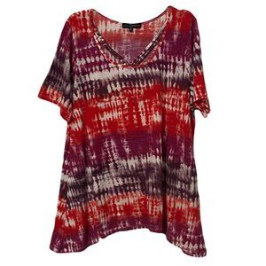 Fred David Hippie Blouse Plus Size 2X Orange Purple White Short Sleeve Tie Dye V